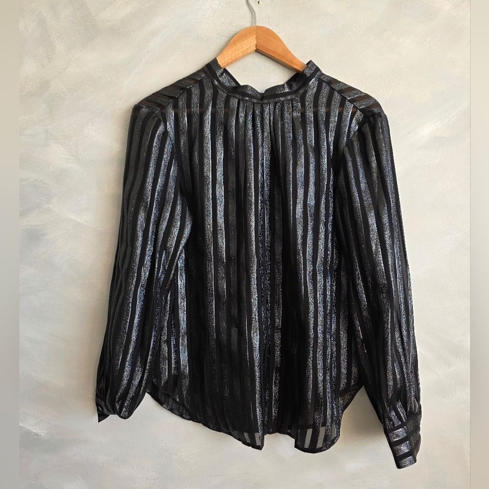 J. Crew Metallic Chiffon Mock Neck Tie Neck Sheer Strip Top Black Sz S NWT